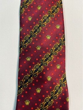 Gianni Versace Vintage Red Silk Tie with Gold and Black Meda